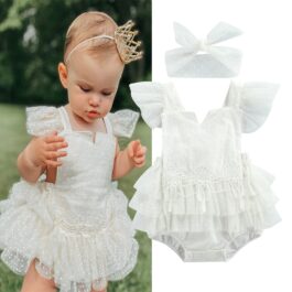 Conjunto Body Vestido Princesa para Bebê com Renda e Tule + Faixa para Cabeça